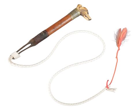 AN EDWARDIAN BEAGLING WHIP with a hound's head whistle, silver-plated collar and Malacca shaft, plaited leather thong, 18cm l