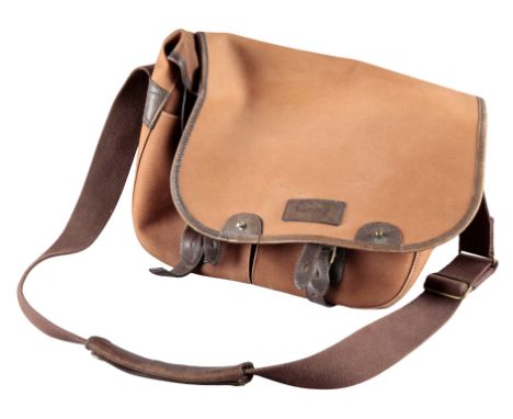 BARBOUR: A CANVAS AND LEATHER FISHING BAG with a canvas shoulder strap, 36cm wide x 30cm high x 6cm deep