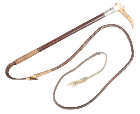 A LADY'S HUNTING CROPwith antler handle, hallmarked silver collar, plaited leather shaft and thong, by Swaine & Adeney, Londo