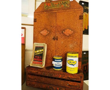 A vintage Williams mechanic tool cabinet above three long drawers, 35 x 20 3/4, together with a 1960s India Autoband Tyre adv