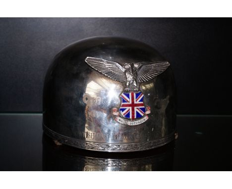Silver and enamel presentation dirt track helmet, with applied eagle and union flag, inscribed 'PRESENTED BY THE BRITISH DIRT