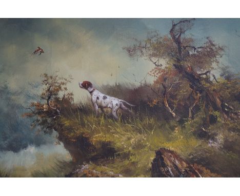 Oil on canvas hunting dog signed Hoffman 39x80cm