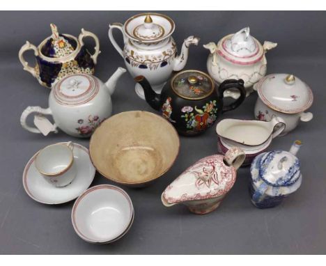 Mixed Lot: Chinese export teapot together with two teabowls and single saucer, together with a further matching cup, two-hand