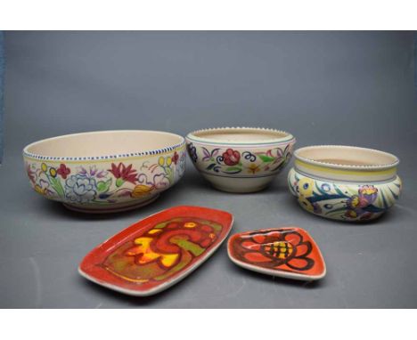 Mixed Lot: Poole wares to include three varying sized Poole Pottery bowls with floral borders, printed marks to base, togethe