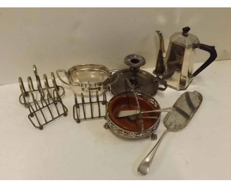 Silver plated coffee pot, chamber stick, toast racks etc 