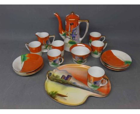 Noritake tea set with a painted design and gilded relief comprising teapot, six cups and saucers, sugar bowl, cream jug and f