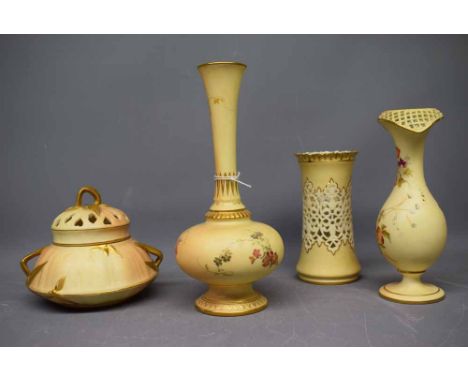 Mixed Lot: four Royal Worcester blush ivory wares to include a spill vase with floral body, Shape no 1733, together with a fu