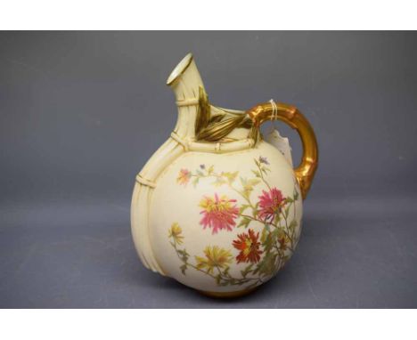 Worcester blush ivory ewer with floral decoration and gilded handle, bamboo effect spout, Shape no 1341, 8ins tall 