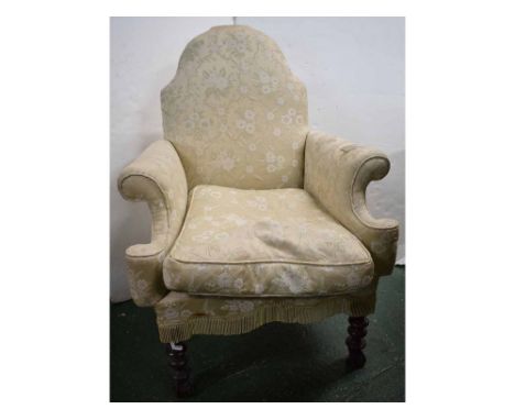 18th century style small proportioned armchair with floral embroidered seat and back, scrolled arms, on bobbin turned legs, s
