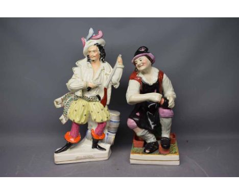 Reproduction Staffordshire large model of The Cobbler together with a Staffordshire flat back figure of Will Watch, tallest 1