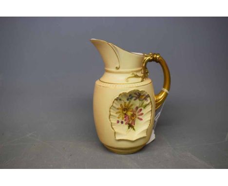 Royal Worcester blush ivory jug with shell formed panels, painted floral scenes, shaped gilded handle, Shape no 1437, 6ins ta