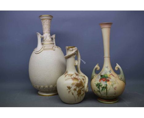 Three Worcester blush ivory items to include a ewer with gilded floral design and a lidded shaped handle, together with a bul