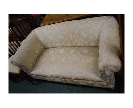 Late Victorian small proportion two-seater sofa with cream and embroidered floral upholstery, on four mahogany turned legs on