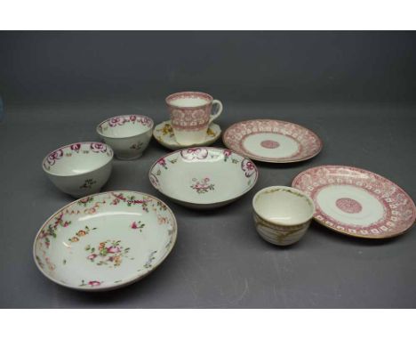 Two Chinese export tea cups and saucers together with a further Meissen tea bowl and yellow dragon decorated plate, bearing c