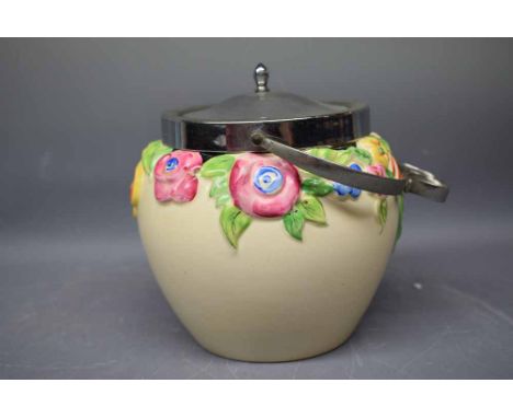 Clarice Cliff designed silver plated biscuit barrel with raised decorative floral relief, 6ins tall  