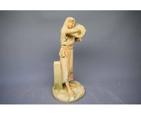 Royal Worcester blush ivory figure of a musician with decorative detailing to dress, signed Hadleys, Shape no 1084, 13ins tal