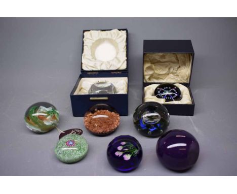 Collection of various Caithness and other paperweights, includes 'Ships Wheel' and a further Whitefriars faceted millefiori e