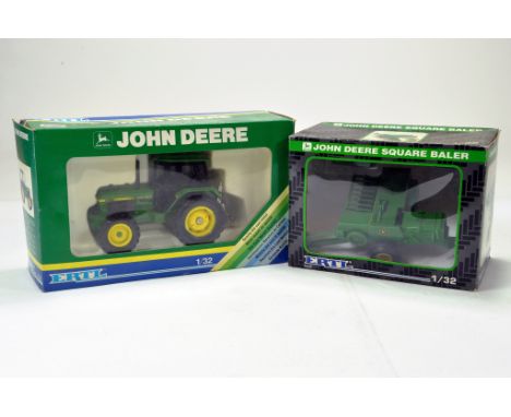 Ertl 1/32 John Deere tractor plus square baler. Generally excellent in original boxes.
