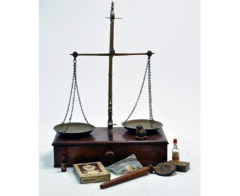 A vintage wooden set (with drawer) of weighing scales plus accessory items relating to Taxidermy.  