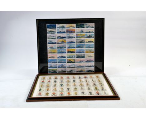 Framed duo of vintage Cigarette cards depicting Military Uniforms and Modern Naval Craft. John Player and Sons. 