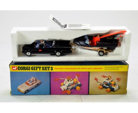 Corgi No. GS3 Batmobile &amp; Batboat on Trailer Set. Comprising Batmobile, complete with purple tinged windscreen (rare) plu