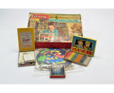 Triang Arkitex Construction Set plus other vintage era games including Plasticine, Spylo, Little Artists Drawing outfit and o