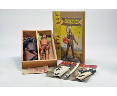 Marx Wooden Box issue of Chief Cherokee Action Indian Figure plus Pony Boy Gun Holster Set. Generally Very Good to Excellent.
