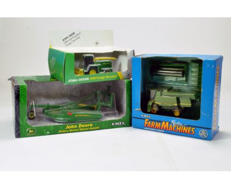 Ertl 1/16 John Deere rotary mower and 1/64 combine plus forage harvester. Generally excellent in original boxes.