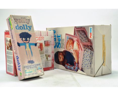Palitoy retro Tiny Tears Care Set plus Golly Dolly Kit by Arrow Craft and Singer Children's Sewing Machine. All appear Comple
