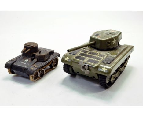 Duo of Tin Plate early issue Military Tanks from GAMA, larger T99 and a smaller issue. Generally fair to good, T99 missing co