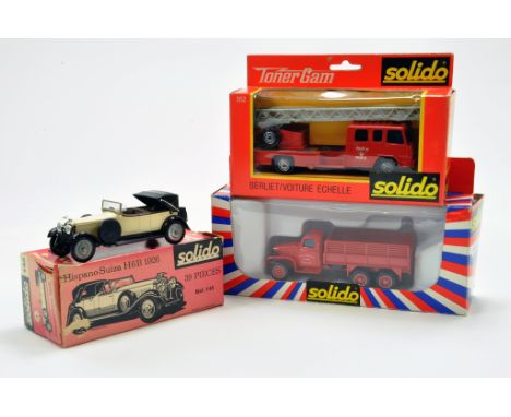 Solido diecast trio comprising Fire Engine Truck, Hispano Suiza H6B plus one other. Generally Excellent to Near Mint in Boxes