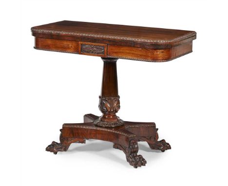 Y GEORGE IV ROSEWOOD CARD TABLE EARLY 19TH CENTURY the D-shaped fold-over top with a bead moulded edge, opening to a green ba