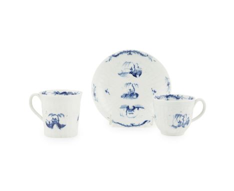 THREE WORCESTER 'FISHERMAN AND WILLOW PAVILION' PATTERN WARES CIRCA 1755-60 all with moulded bodies, decorated in underglaze 
