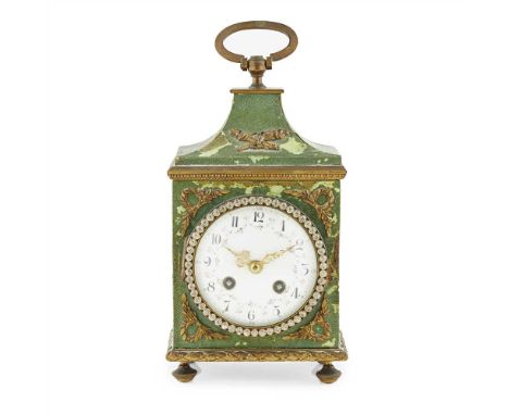 FRENCH BRASS AND FAUX SHAGREEN PENDULE D'OFFICIER LATE 19TH CENTURY the white enamel circular Arabic numeral dial enamelled w