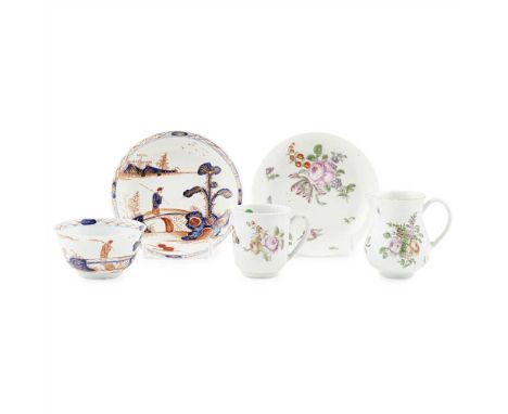 GROUP OF PORCELAIN, ATTRIBUTED TO VAUXHALL  18TH CENTURY comprising a 'Man on a Bridge' pattern tea bowl and saucer, in the I