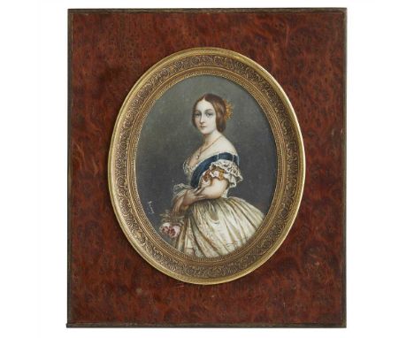 Y AFTER FRANZ XAVER WINTERHALTER PORTRAIT MINIATURE OF QUEEN VICTORIA oval, watercolour on ivory, signed 'Bruney', in a gilt 