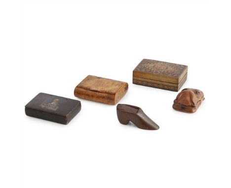 FIVE TREEN SNUFF BOXES 18TH/ 19TH CENTURY comprising a penwork example depicting a glutton eating; a walnut example in the fo