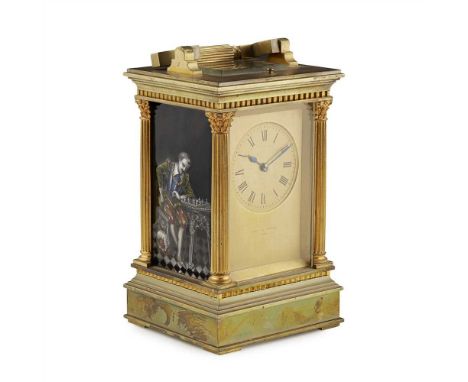FRENCH LIMOGES ENAMEL AND GILT BRASS REPEATER CARRIAGE CLOCK LATE 19TH/ EARLY 20TH CENTURY the four-glass column case enclosi