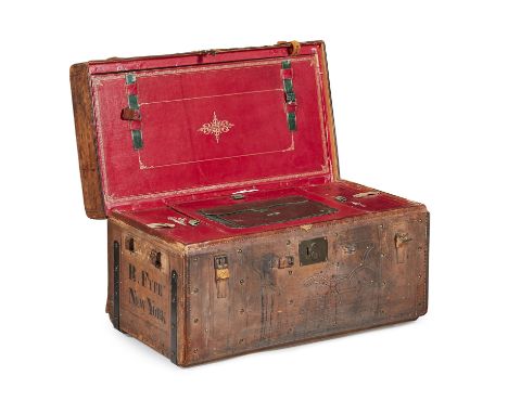 VICTORIAN LEATHER TRUNK 19TH CENTURY covered in embossed brown hide, the interior fitted with a lift-out secretaire tray with