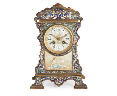 FRENCH CHAMPLEVÉ ENAMEL MANTEL CLOCK LATE 19TH CENTURY the scrolled arched top above a corresponding case enclosing a painted