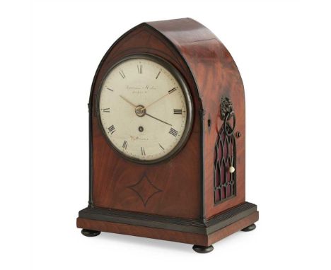 REGENCY MAHOGANY AND EBONY LANCET MANTEL CLOCK, SEPTIMUS MILES, LONDON EARLY 19TH CENTURY the cream enamelled dial with Roman