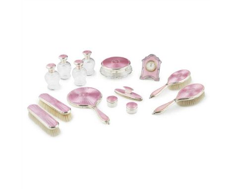 ENGLISH SILVER AND PINK ENAMELLED DRESSING SET SECOND QUARTER 20TH CENTURY with guilloche and pink enamel backs depicting flo