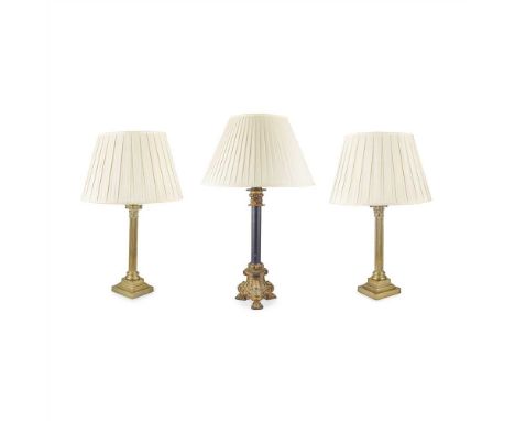 PAIR OF LACQUERED BRASS CORINTHIAN COLUMN TABLE LAMPS MODERN of typical form on square moulded bases, with cream pleated shad