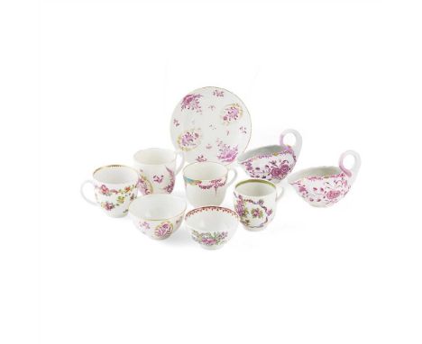 GROUP OF ENGLISH PORCELAIN TEA AND COFFEE WARES 18TH CENTURY comprising two Derby moulded cream jugs, decorated in puce with 