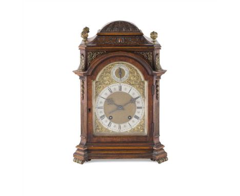 GEORGIAN STYLE WALNUT BRACKET CLOCK, LENZKIRCH LATE 19TH CENTURY the carved domed top case surmounted by gilt metal flaming f