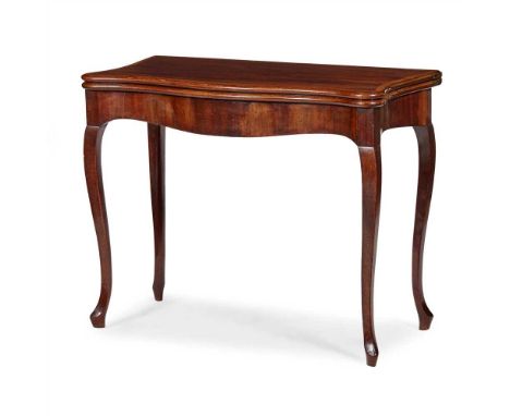 GEORGE III MAHOGANY AND KINGWOOD SERPENTINE CARD TABLE  LATE 18TH CENTURY in the French style, the crossbanded fold-over top 