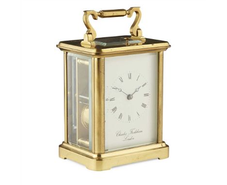 GILT BRASS REPEATING CARRIAGE CLOCK, CHARLES FRODSHAM, LONDON 20TH CENTURY the four-glass corniche case enclosing a white ena