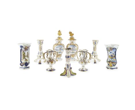 GROUP OF CONTINENTAL POLYCHROMED TIN GLAZED EARTHENWARE 18TH/ EARLY 19TH CENTURY comprising a pair of Delft covered baluster 