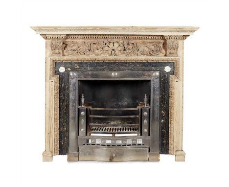 GEORGE III STRIPPED PINE AND MARBLE FIRE SURROUND AND POLISHED STEEL REGISTER GRATE 18TH CENTURY the dentil moulded shelf abo