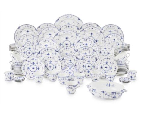 ASSEMBLED ROYAL COPENHAGEN BLUE AND WHITE PORCELAIN PART DINNER SERVICE 20TH CENTURY in the 'Blue Fluted' and 'Blue Fluted Ha